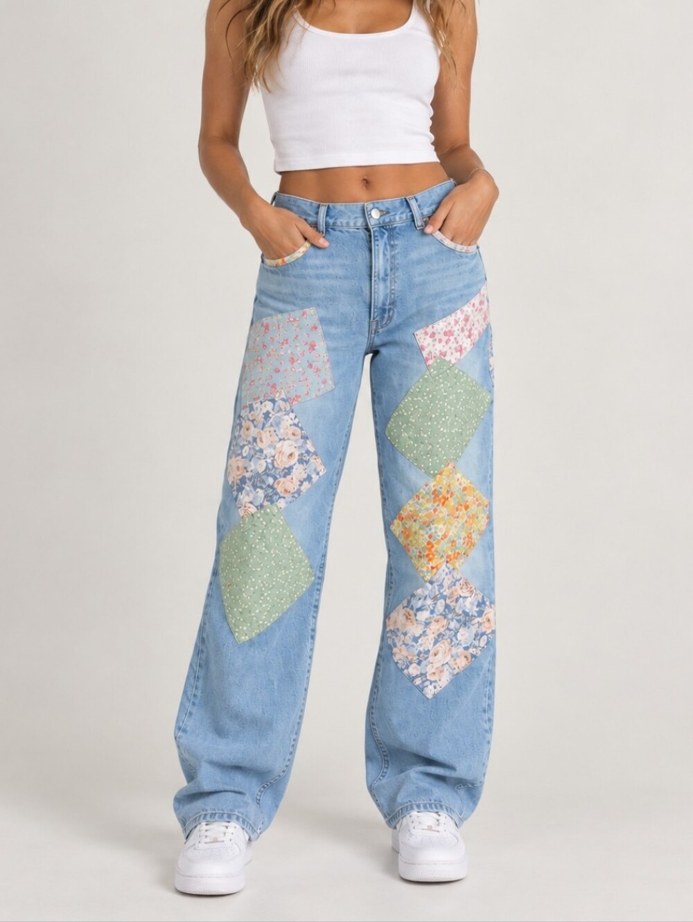 Light Wash Wide-Leg Jeans with Floral Patchwork